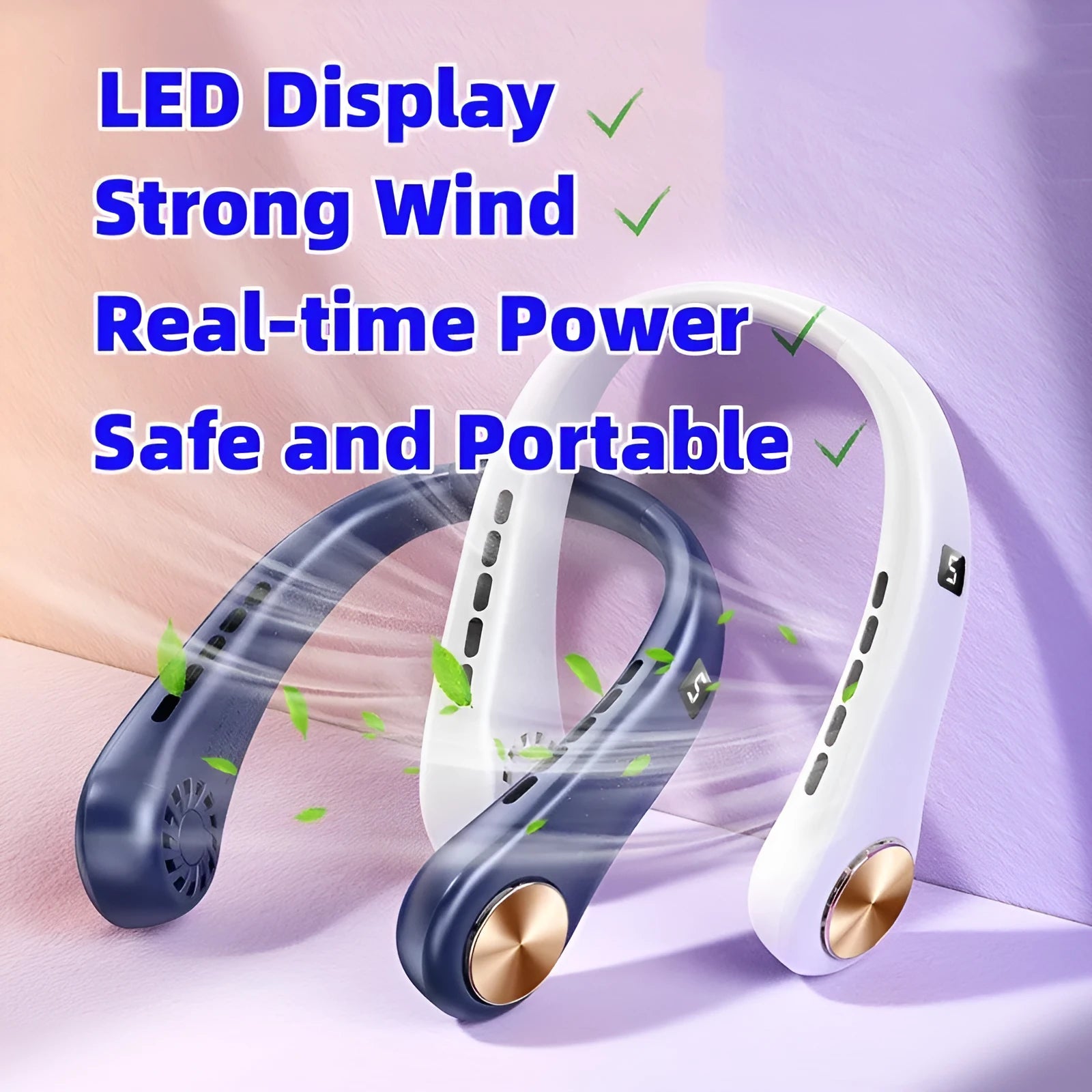 White bladeless mini neck fan hanging around a person's neck, showing its snake-shaped minimalist design.