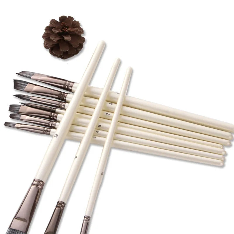 10 pearl white nylon watercolour brushes with wood handles in PVC packaging