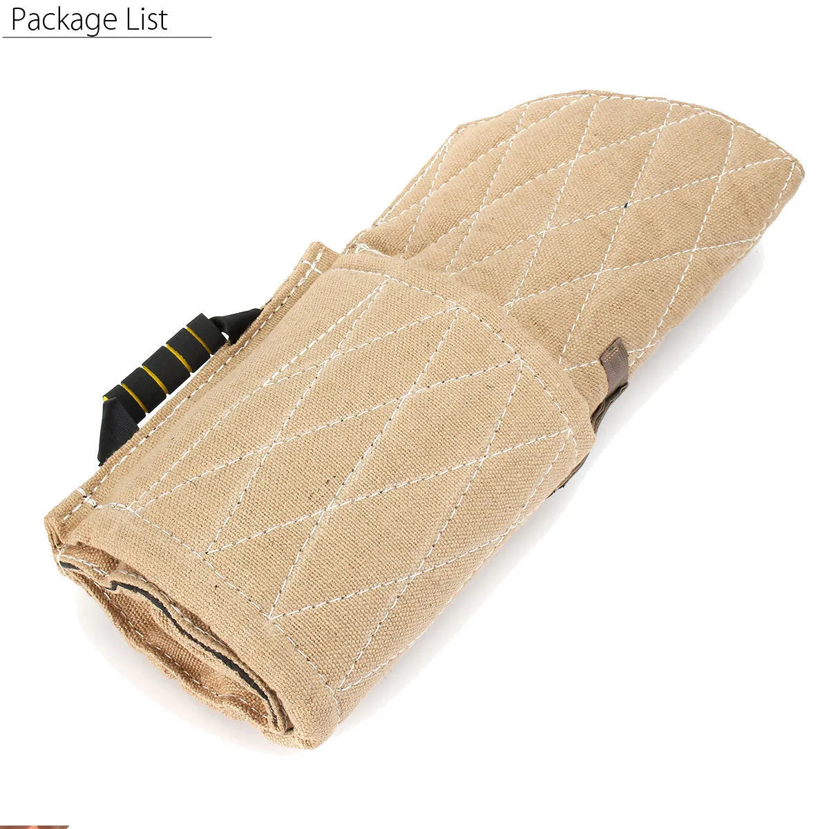 Jute dog bite training sleeve 65 x 28 cm with internal plastic handle, external foam handle, and black side hanging handle.