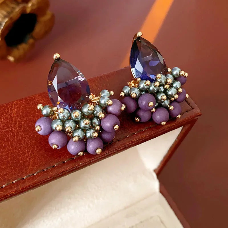 Retro alloy tassel earrings with zircon and purple droplet colour for women