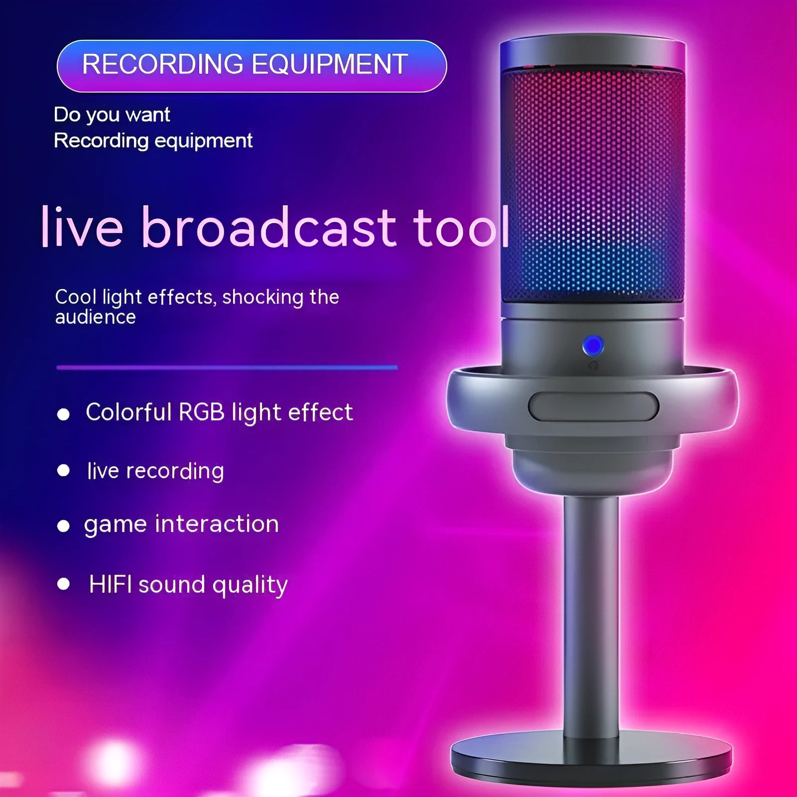 Condenser microphone with RGB lighting in black, white or pink for computer streaming
