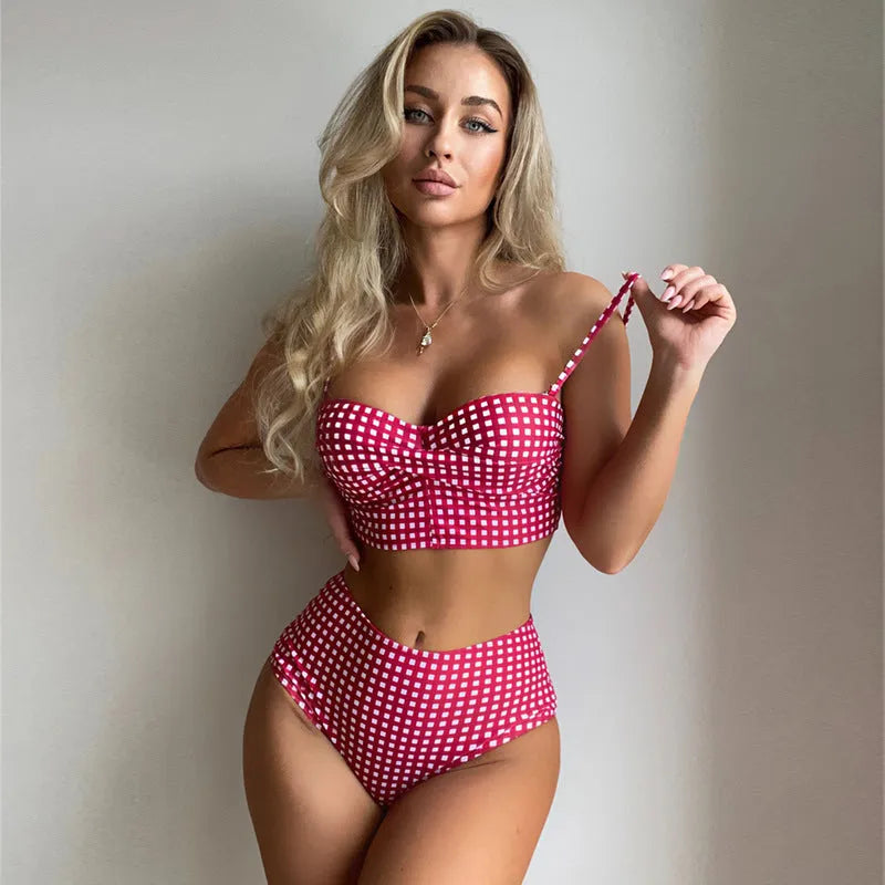 Women's plaid high-waisted bikini swimsuit set in rose red, shown with matching top and briefs.