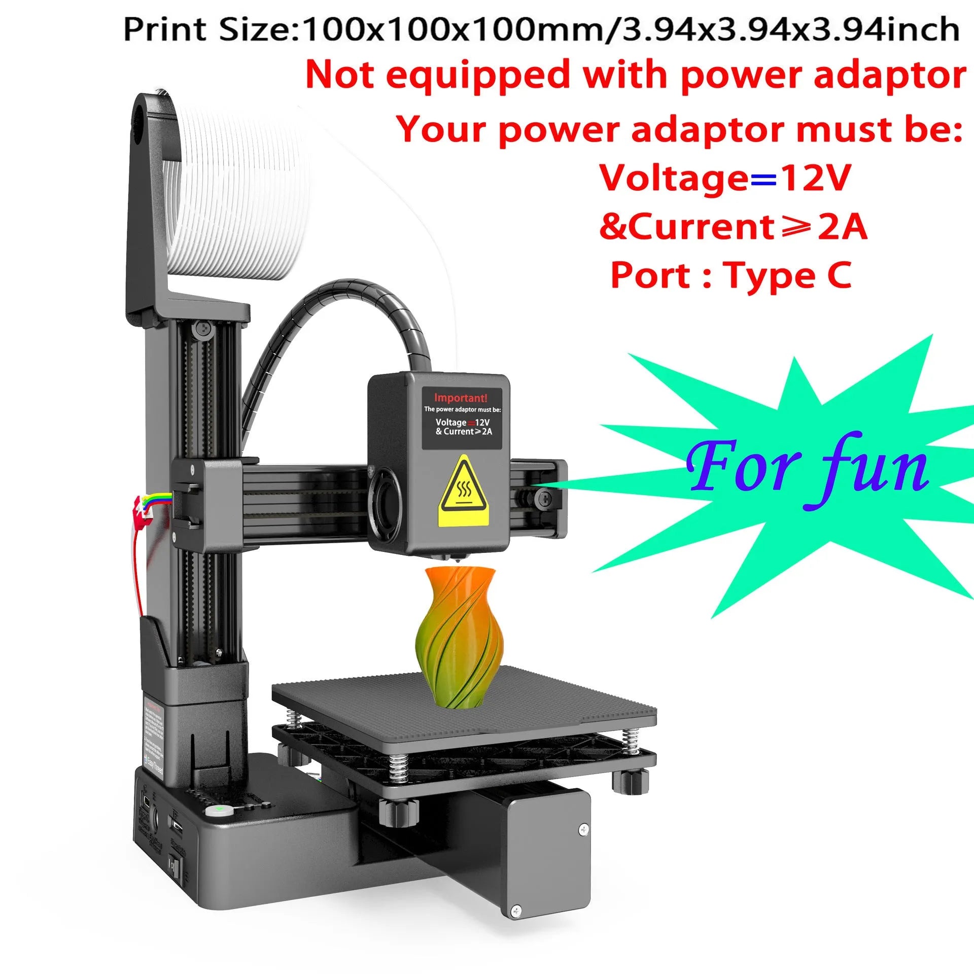 White EasyThreed K10 3D printer on a desktop with power cord and manual.