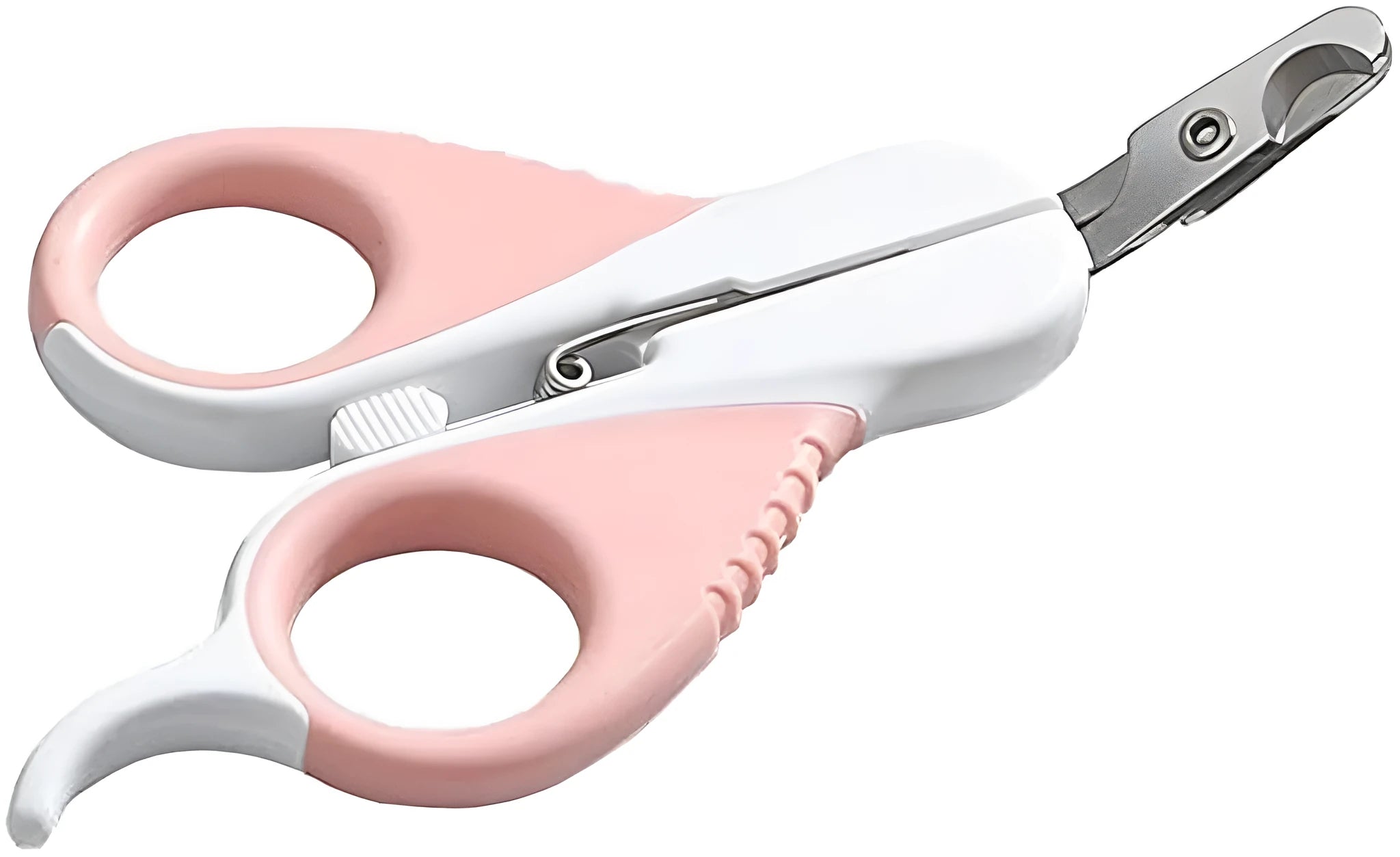 Grey and pink angled stainless steel cat nail clippers with safety lock for small pets.