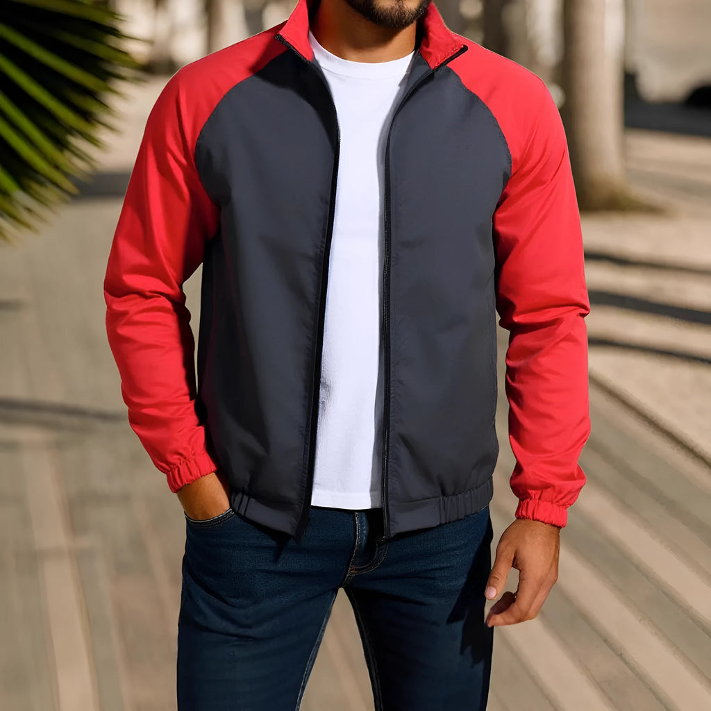 Men's casual coat with stand collar and contrast colour detailing in polyester blend fabric