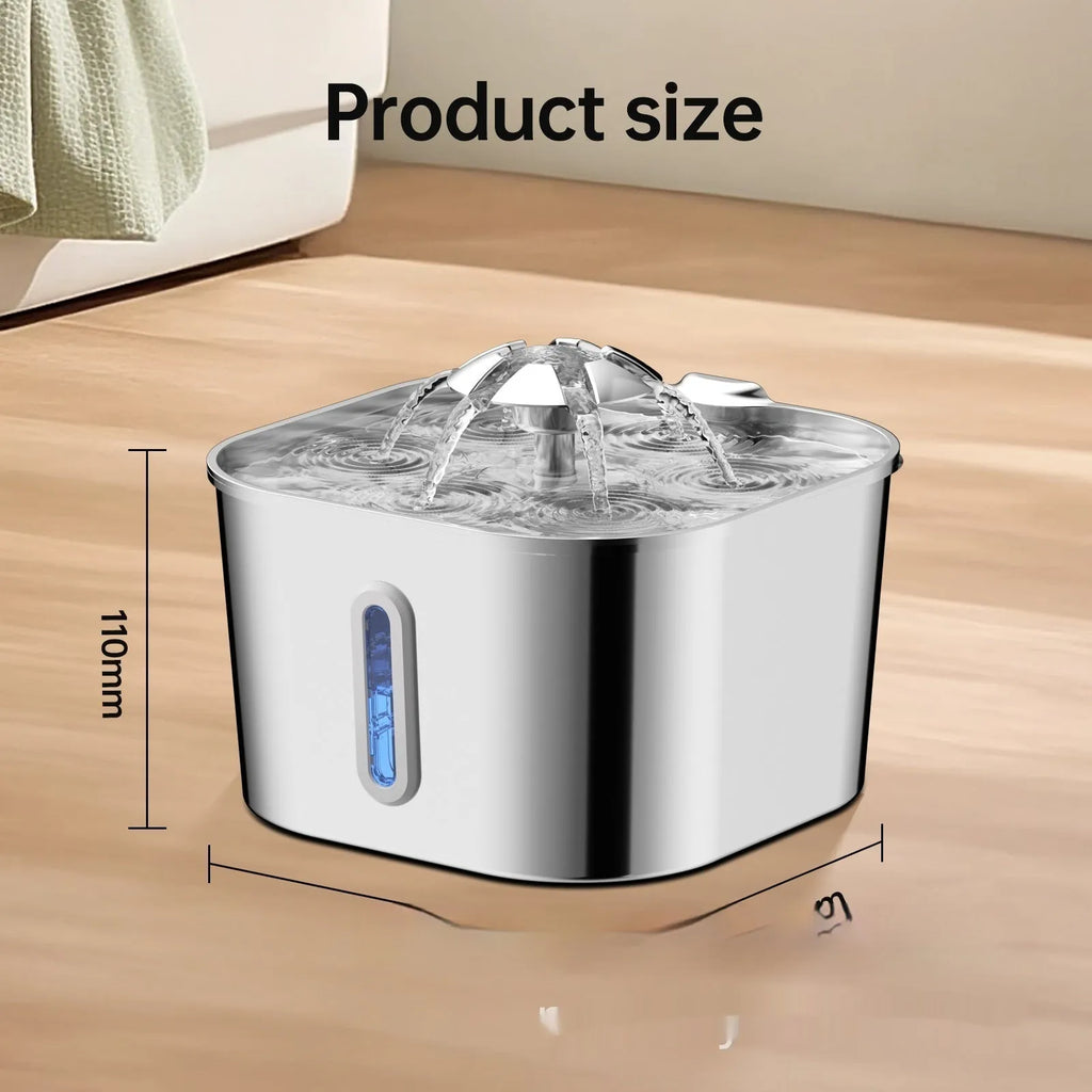 2.2L stainless steel pet water fountain with flower head vertical bar design and window dispenser for dogs and cats.