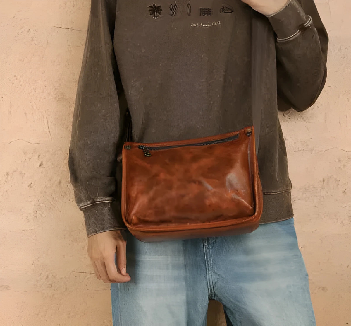 Brown genuine leather men's crossbody messenger bag with large capacity for daily wear