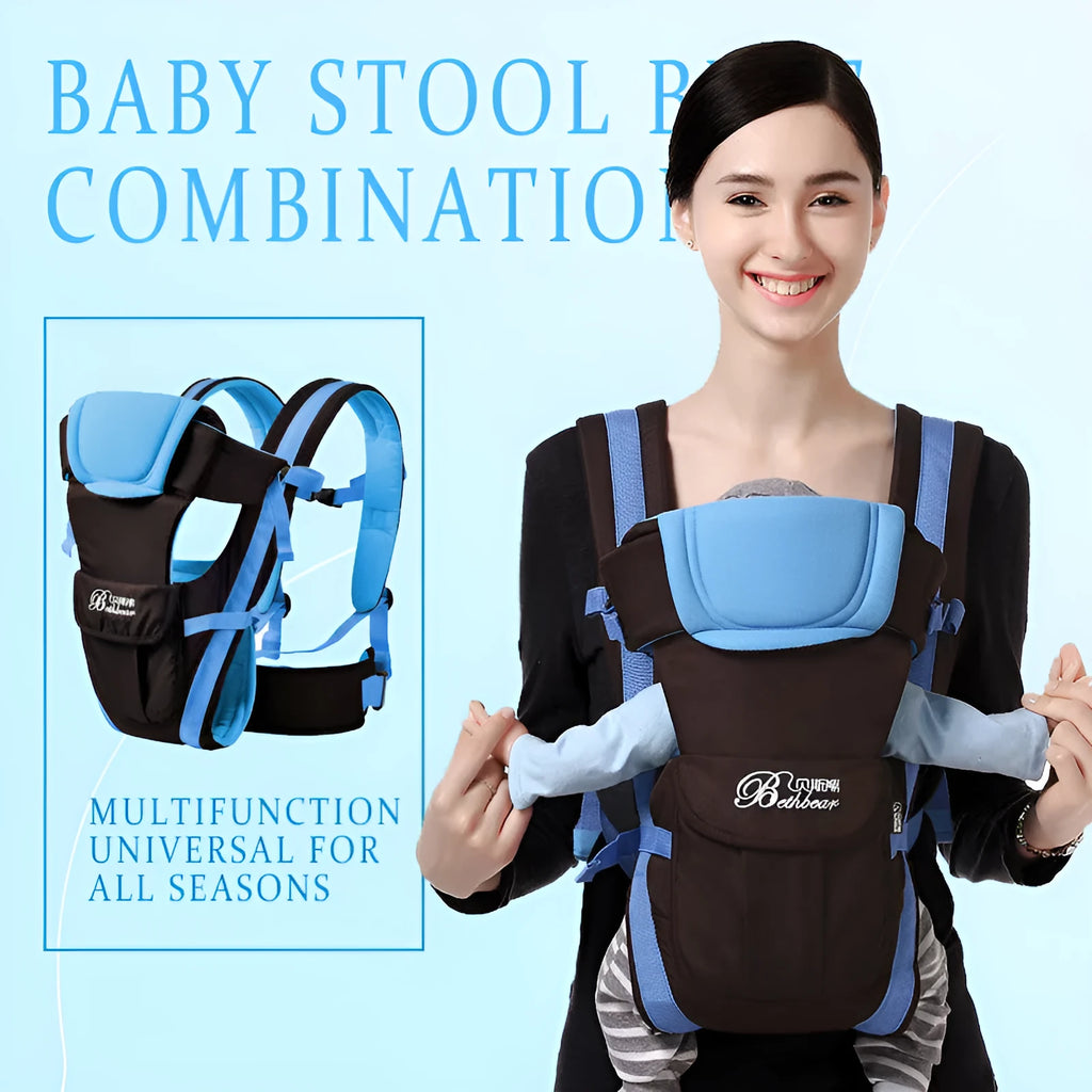 Multifunctional baby carrier sling in blue showing adjustable straps and four carrying positions.