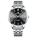 Men's quartz business watch with 10mm case, coated glass mirror, and stainless steel back in black or white steel or leather