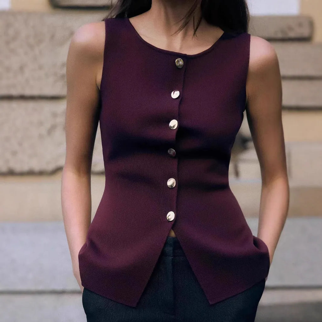 Dark red slim-fit viscose sweater vest with a 3D pattern on a hanger.
