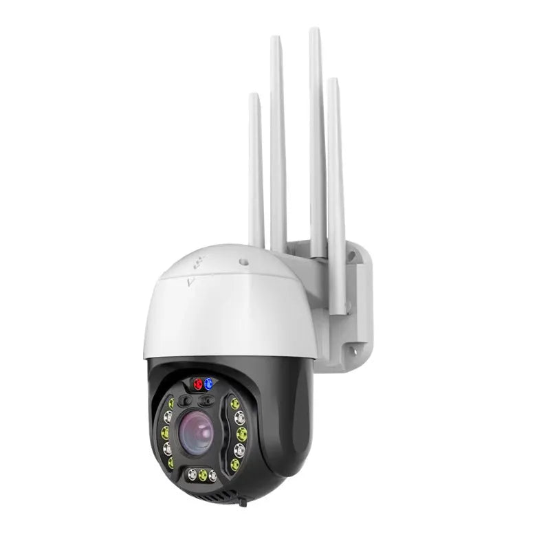 5MP outdoor dome security camera with 360-degree rotation on a white wall