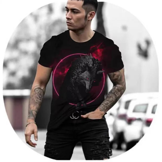 Retro 3D animal print on a men's short-sleeved light grey t-shirt, showing the pullover style and bird eye cloth texture.