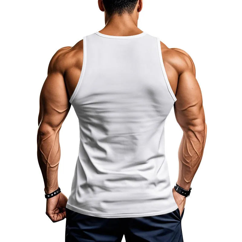 Men's black quick-dry polyester sports fitness vest with slim fit and straight hem on a model