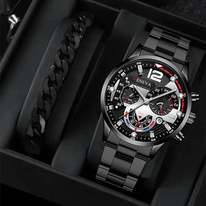 Stylish men's fashion watch and bracelet set with stainless steel case and leather strap, perfect for Valentine's Day gift