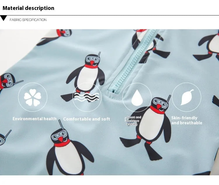 Boy's long sleeve penguin print swimsuit two-piece set with matching swimming cap