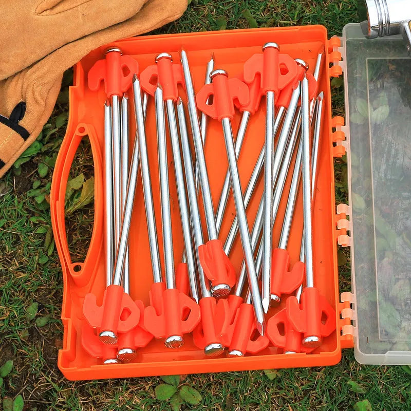 Boxed orange plastic tent stakes with small flat heads, 6.5x20.5mm, for outdoor camping ground fixing