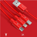 Universal three-in-one mobile phone charging cable with Type-C, Micro USB, and Lightning connectors in nylon braid