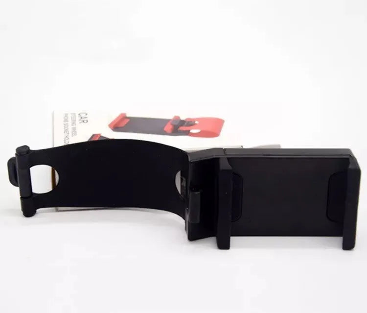 Black car steering wheel mobile phone holder showing compact ABS plastic construction