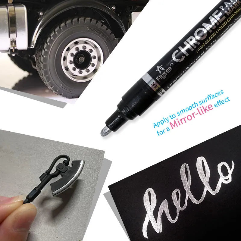 Flysea chrome-plated mirror finish paint pen with 3.0mm tip for writing on metal, glass, and other hard surfaces.