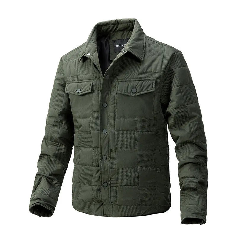 Men's quilted cotton jacket with polo collar and wool lining in army green colour