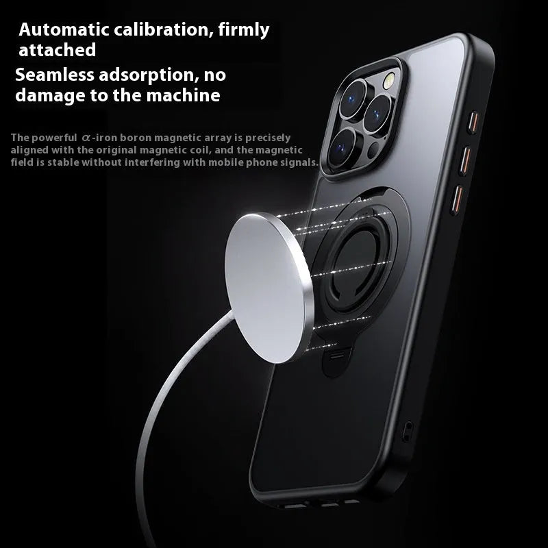 Frosted blue Apple iPhone protective phone case with integrated pull ring bracket and magnetic suction on a white background