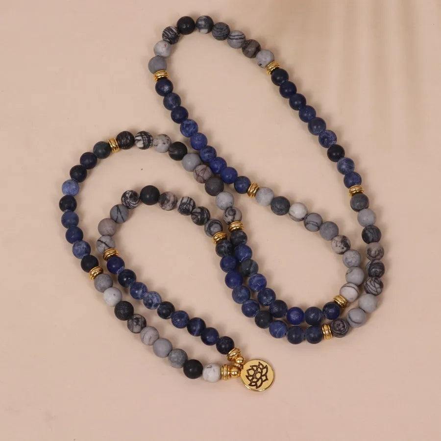 Blue patterned network stone beads on multi-layer alloy bracelet