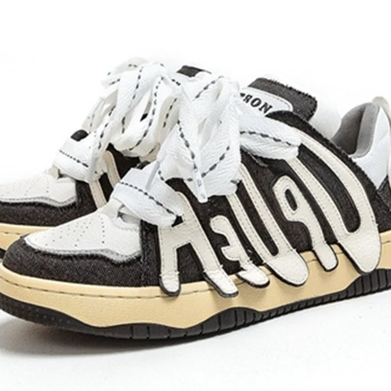 Casual thick bottom retro sneakers with genuine leather upper, car suture design, round toe, low heel, in black soul colour