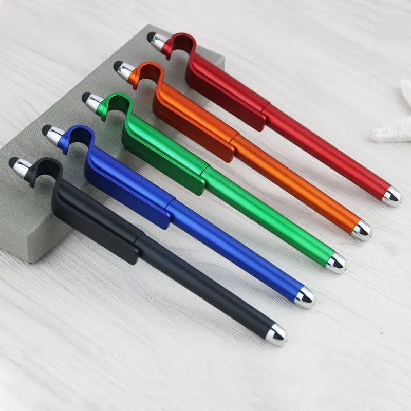 Black and blue multifunctional touchscreen pen with built-in phone holder, showing 0.5mm tip.
