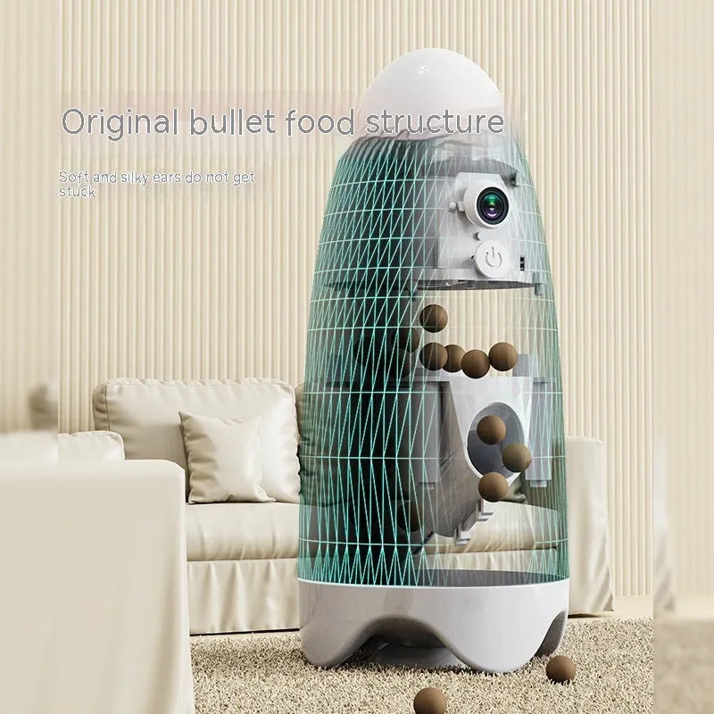 White automatic pet feeder for dogs and cats with camera, 200g capacity, 270 x 120mm