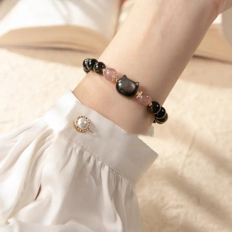 Black obsidian bracelet with 8mm beads and cat accessories on elastic cord