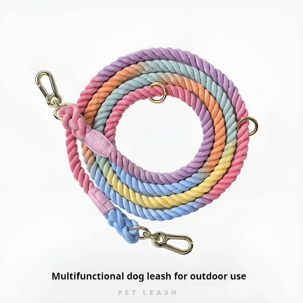 Rainbow woven double-head dog leash with silver fittings shown at full 250cm length.
