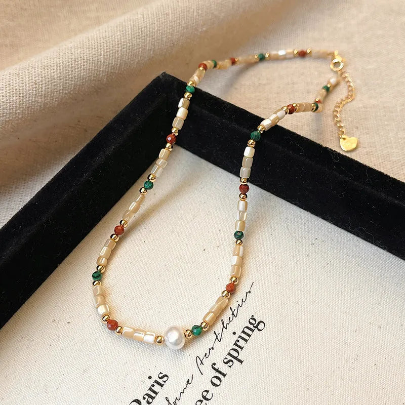 Women's geometric pearl necklace on zinc alloy clavicle chain with electroplated finish, adjustable 41-50cm
