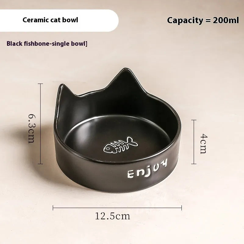 Porcelain cat bowl with cat ears rim and wooden anti-tumble frame in selected colour