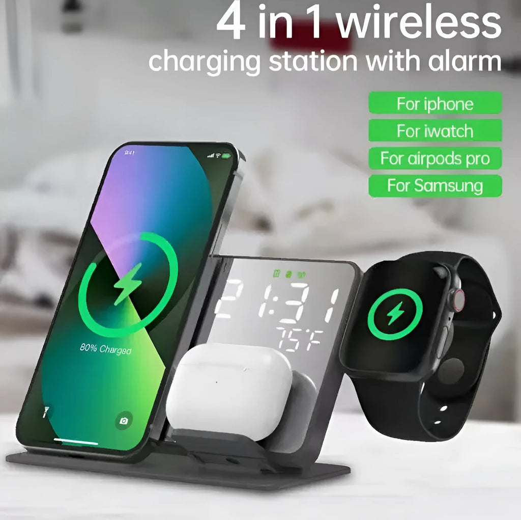 Black four-in-one wireless charger for mobile phone, headset and smart watch with 15W Apple and Samsung model options