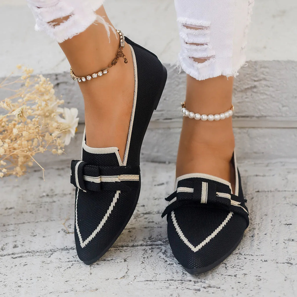 Women's fabric flat shoes with bowknot detail in brown low heel casual style