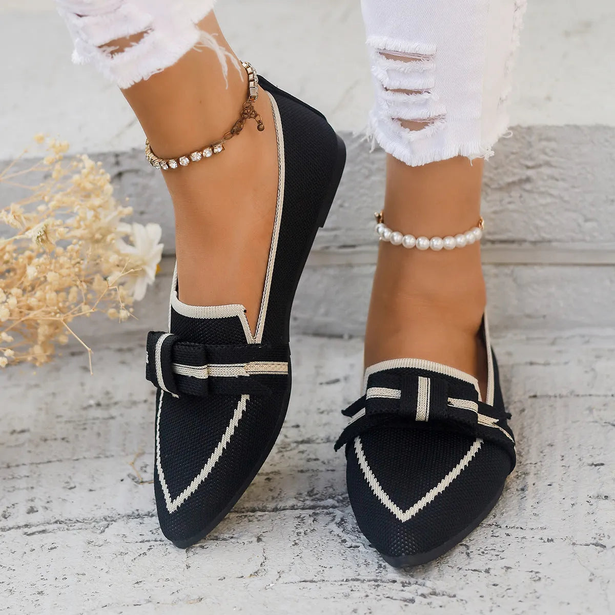 Women's fabric flat shoes with bowknot detail in brown low heel casual style