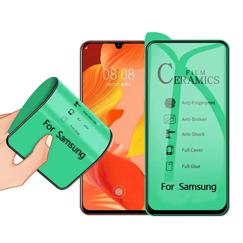Tempered glass screen protector film for Samsung mobile phones showing privacy and HD style options.