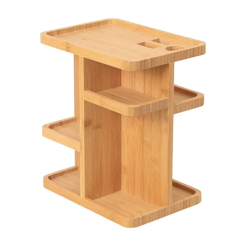 Bamboo rotating storage rack with multiple layers and grid compartments for organisation