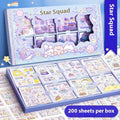 Box of children's printed stickers with cute meatball, peach tea, and space themed designs.