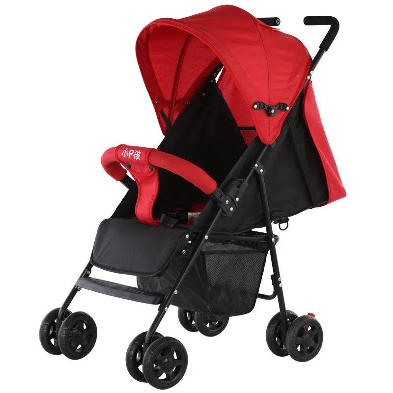 Lightweight wide and long baby stroller with carbon steel frame and sunshade in grey