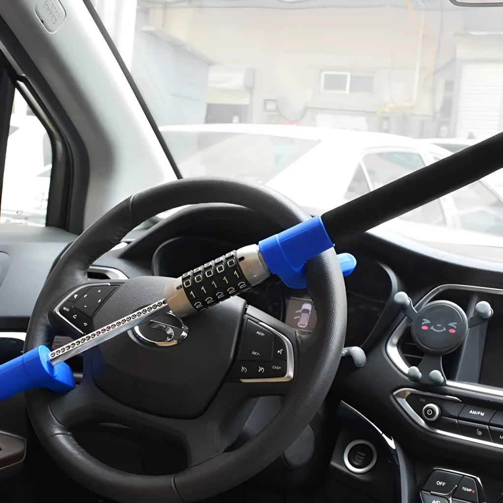 Car steering wheel anti-theft U-lock in alloy steel with password dial, shown in black colour option