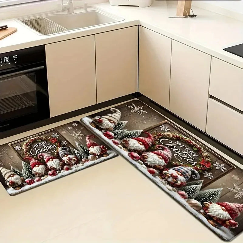 Christmas cartoon kitchen mat set of 2, anti-slip polyester doormat with skin-friendly suede finish, square printed rug