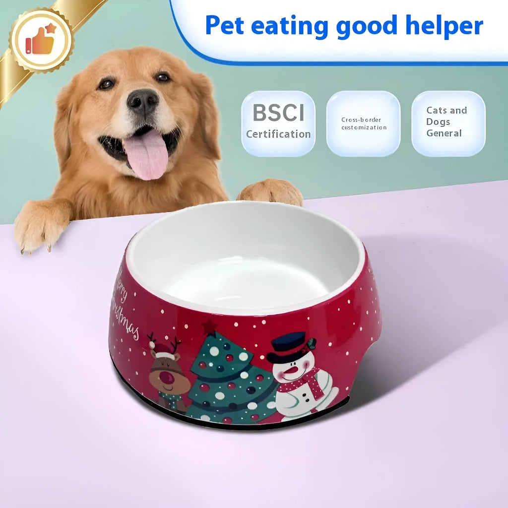 Red Christmas pet bowl with stainless steel inner layer and melamine exterior in three size options