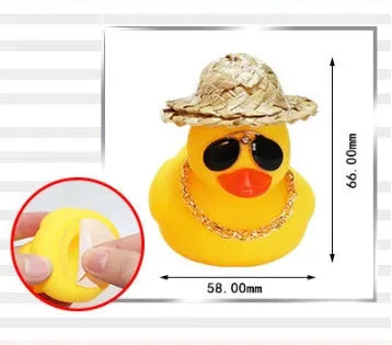 Yellow cartoon duck wearing straw hat car dashboard decoration with adhesive gel and sunglasses accessory