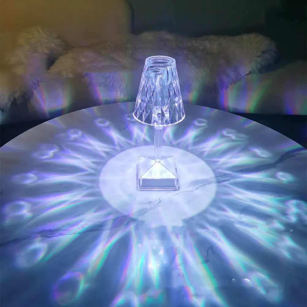 Portable diamond table lamp with touch control, 26.8cm height, 12cm diameter, showing white and warm light modes
