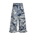 Snow camouflage blue loose fit cotton denim jeans with micro-elastic properties and mid-waist design