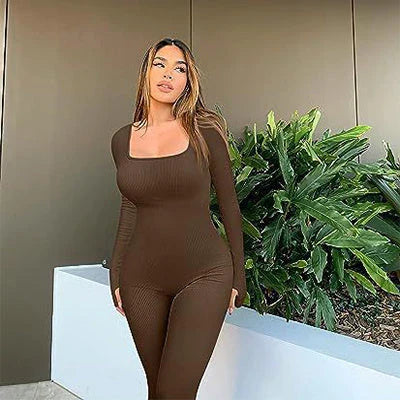 Women's stylish yoga jumpsuit with square neckline and long sleeves, available in a variety of colors.