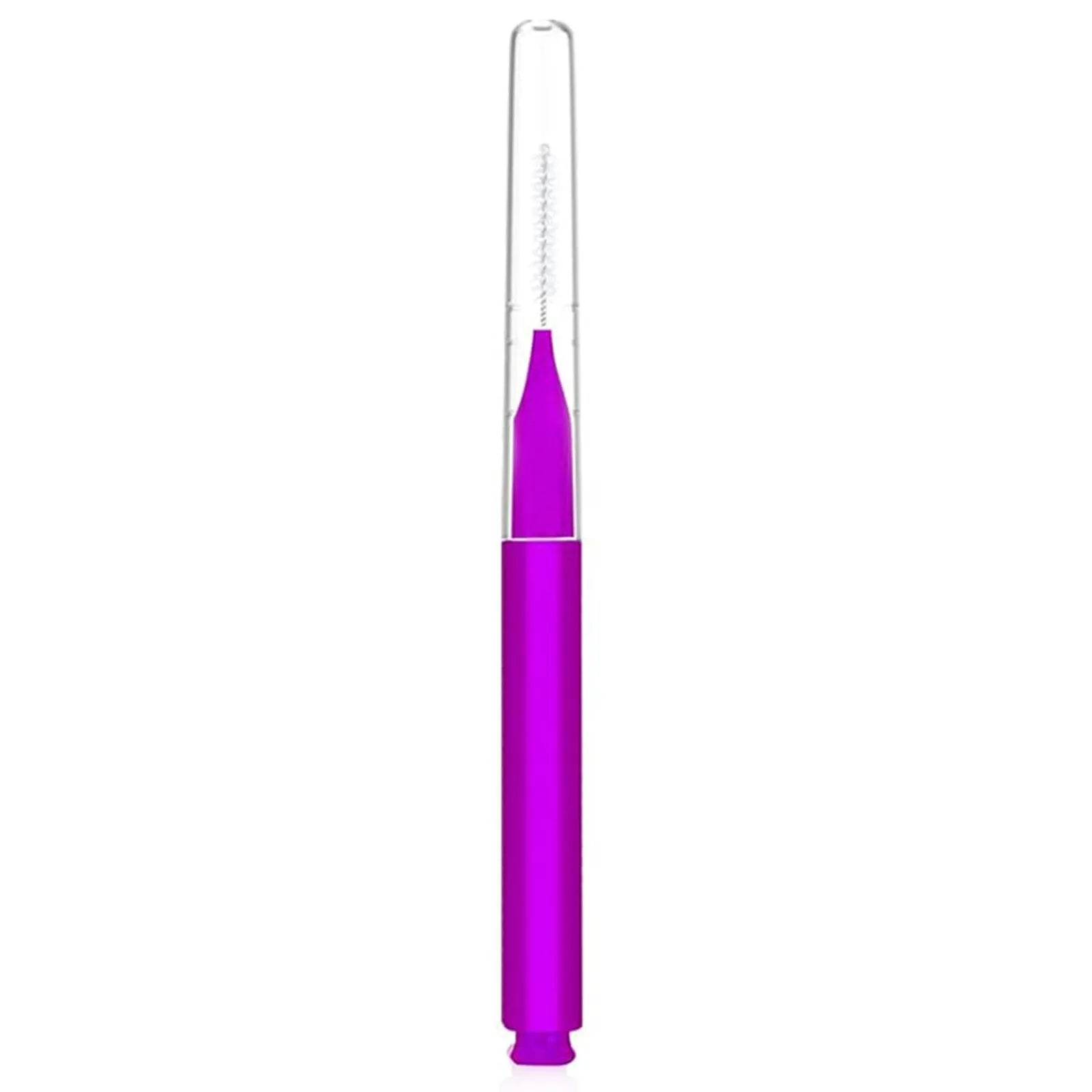 Set of micro eyebrow and eyelash brushes with protective caps in various colours on a white background.