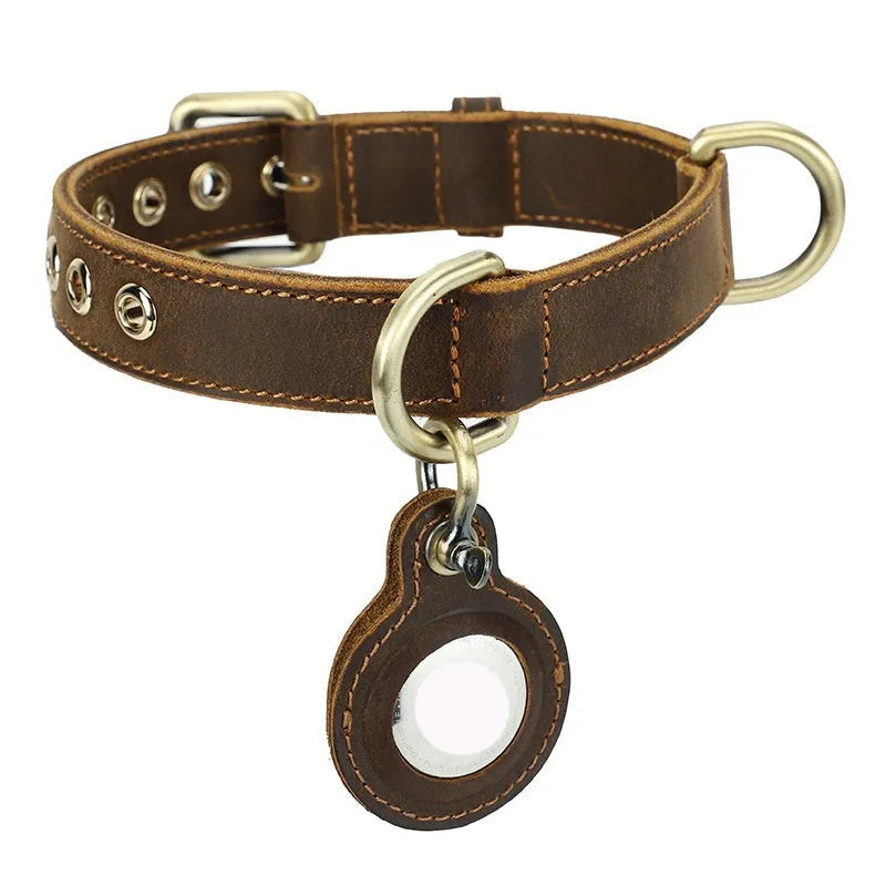 Brown retro-style dog collar with genuine cowhide leather and halter positioning system