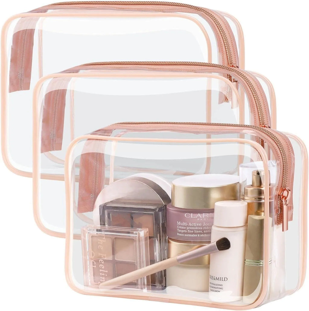 PVC transparent makeup bag set in three colours with semi-transparent design showing contents